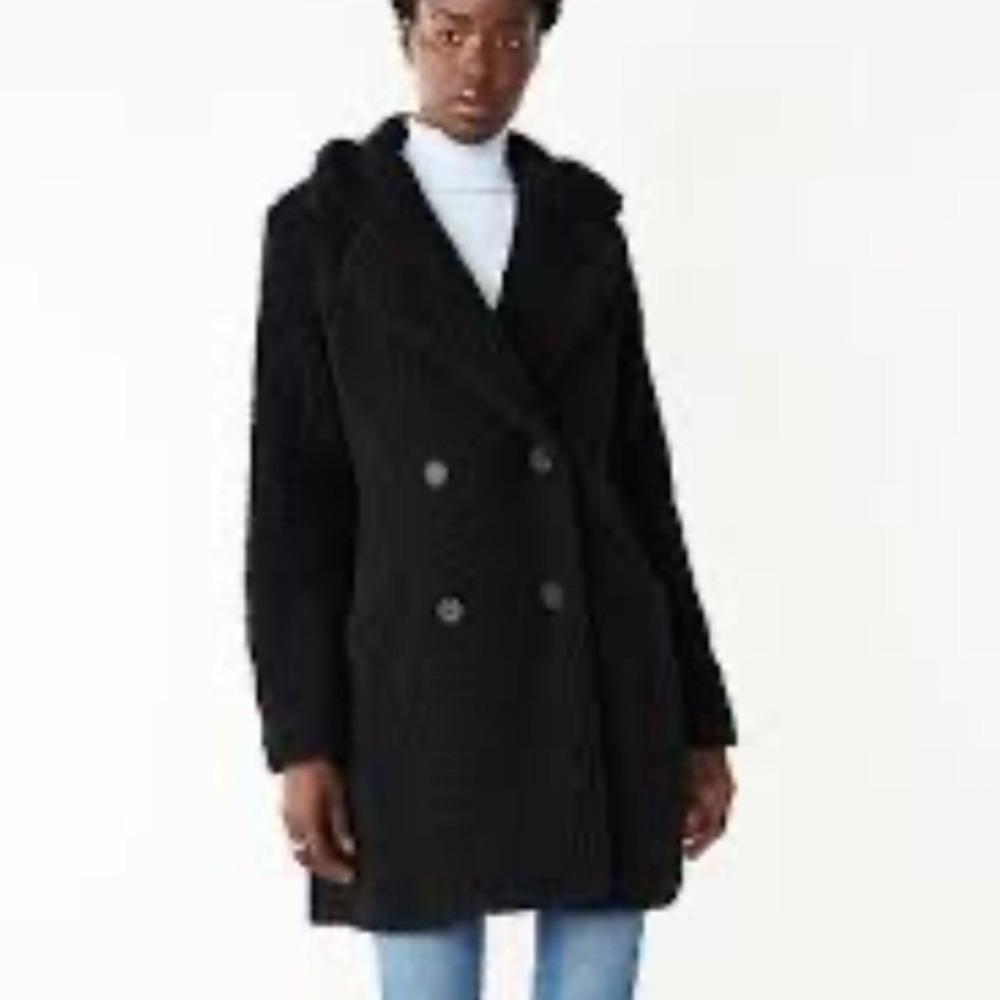Nine West Black Teddy Coat Faux Shearling Double Breasted Jacket Large